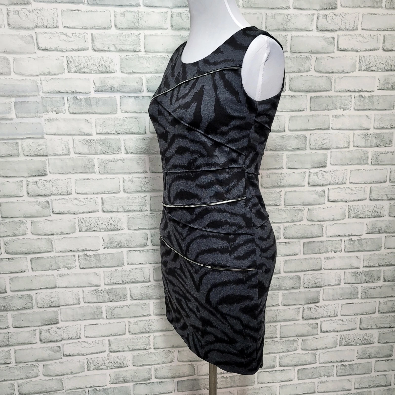 Abito Michael Kors 6 senza maniche stampa zebrata dettaglio cerniera bodycon mini dress