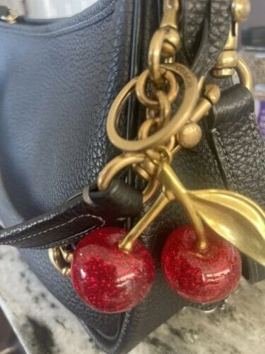 Cherry Bag Charm KeyChain Glitter resin and metal Brass Red Apple - Image 4 of 4