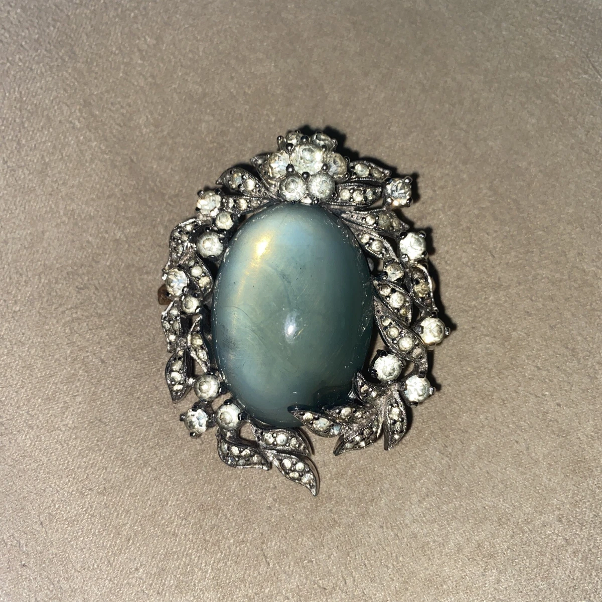 Vintage JOMAZ Blue Glass Cabochon Moonstone Rhinestone Pin Brooch