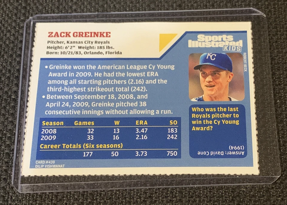 Zack Greinke RARE Kansas City Royals 2010 Sports Illustrated for Kids SI Crease - Image 3 of 3