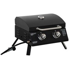 2 Burner Gas BBQ Grill Outdoor Portable Folding Tabletop Barbecue with Lid Black