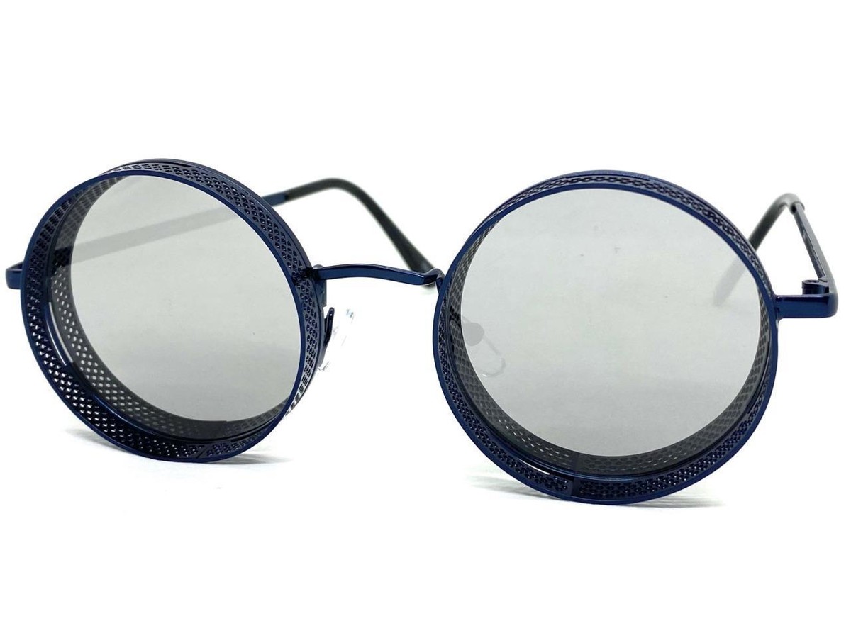 Mens Classic Cyber Biker Retro Steampunk SUNGLASSES Round Blue