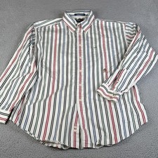 Vintage Tommy Hilfiger Shirt Mens XL White Red Blue Striped Button Up Crest Logo