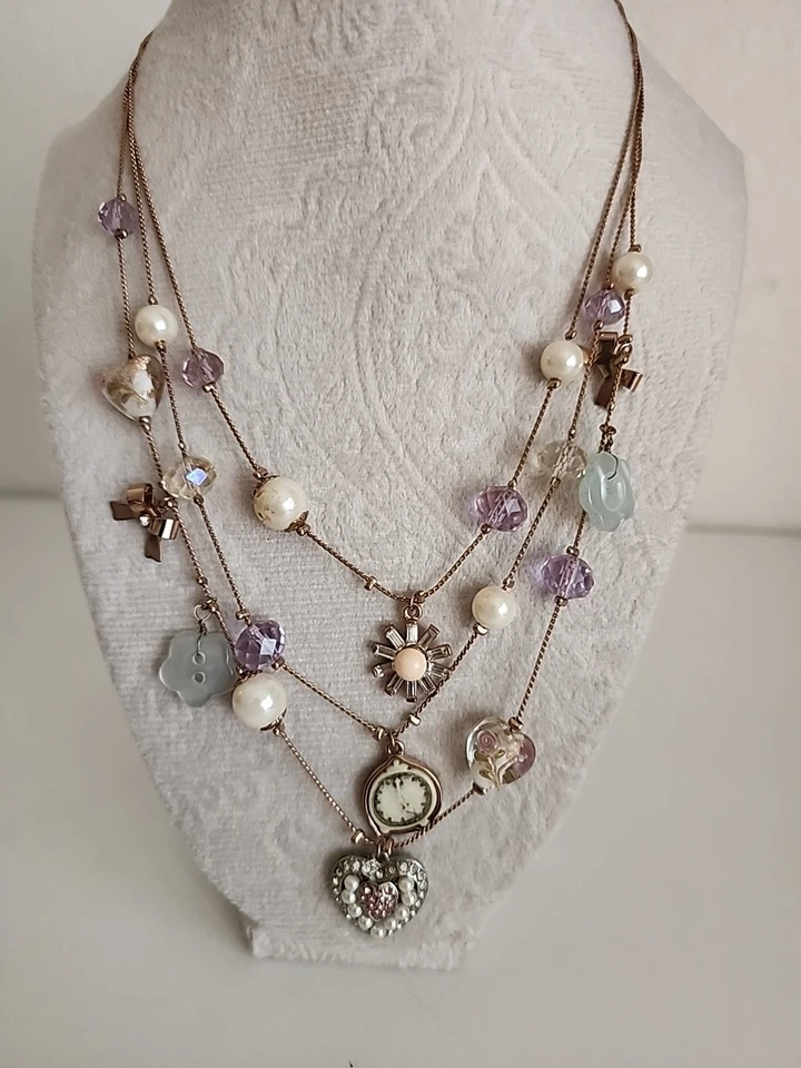 Betsey Johnson En Capas Dije Collar Corazón Reloj Arcos Imitación Perla Tono Dorado 