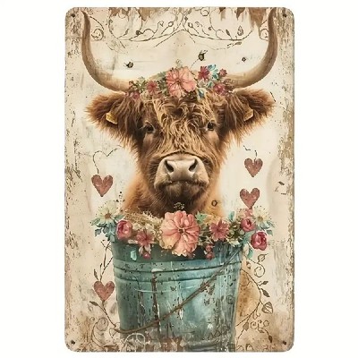 Blechschild Kuh Hochlandrind mit Blumen Nostalgie Vintage Retro 30x20cm TEL2206