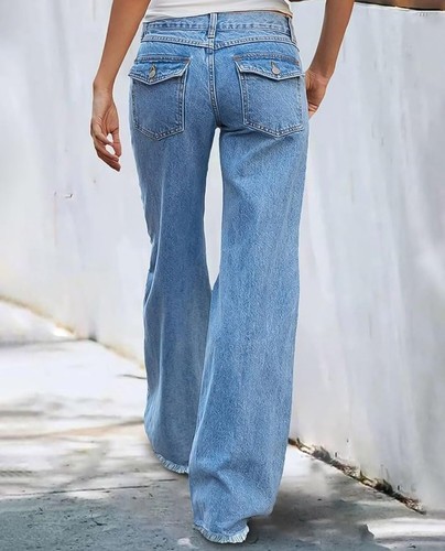 Flamingals Wide Leg Low Rise Casual Flap Pocket Raw Hem Denim Jeans with Pockets - Picture 4 of 4