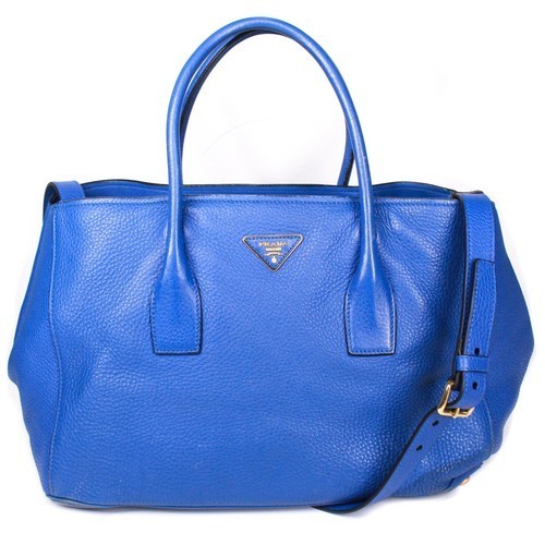 Prada - Vitello Daino Large Shoulder Tote Bag - Blue Leather Logo