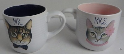 Mr & Mrs Kitty Cat Coffee Mugs Cat Bride Groom New Never Used