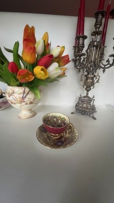 Aynsley signierte Obstgarten Obsttasse & Untertasse Burgund Gold Fine Bone China England