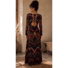 FREE PEOPLE Far Out Black Combo Maxi Dress Size Medium Dark Floral Cut Out Boho