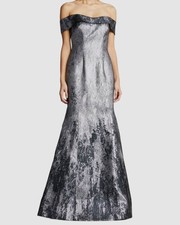 1995 Rene Ruiz Women's Silver Off-Shoulder Metallic Jacquard Gown Dress Size 12