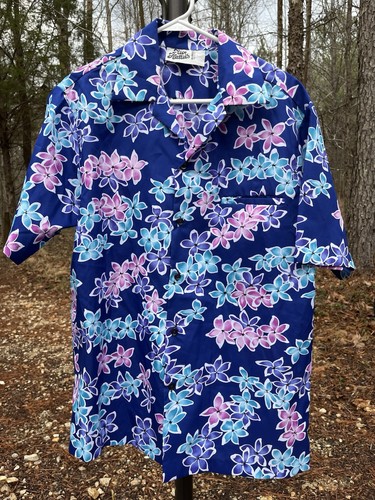 Hilo Hattie Mens Large Pink Blue Purple White Floral Button Up Hawaiian Shirt - Picture 7 of 12