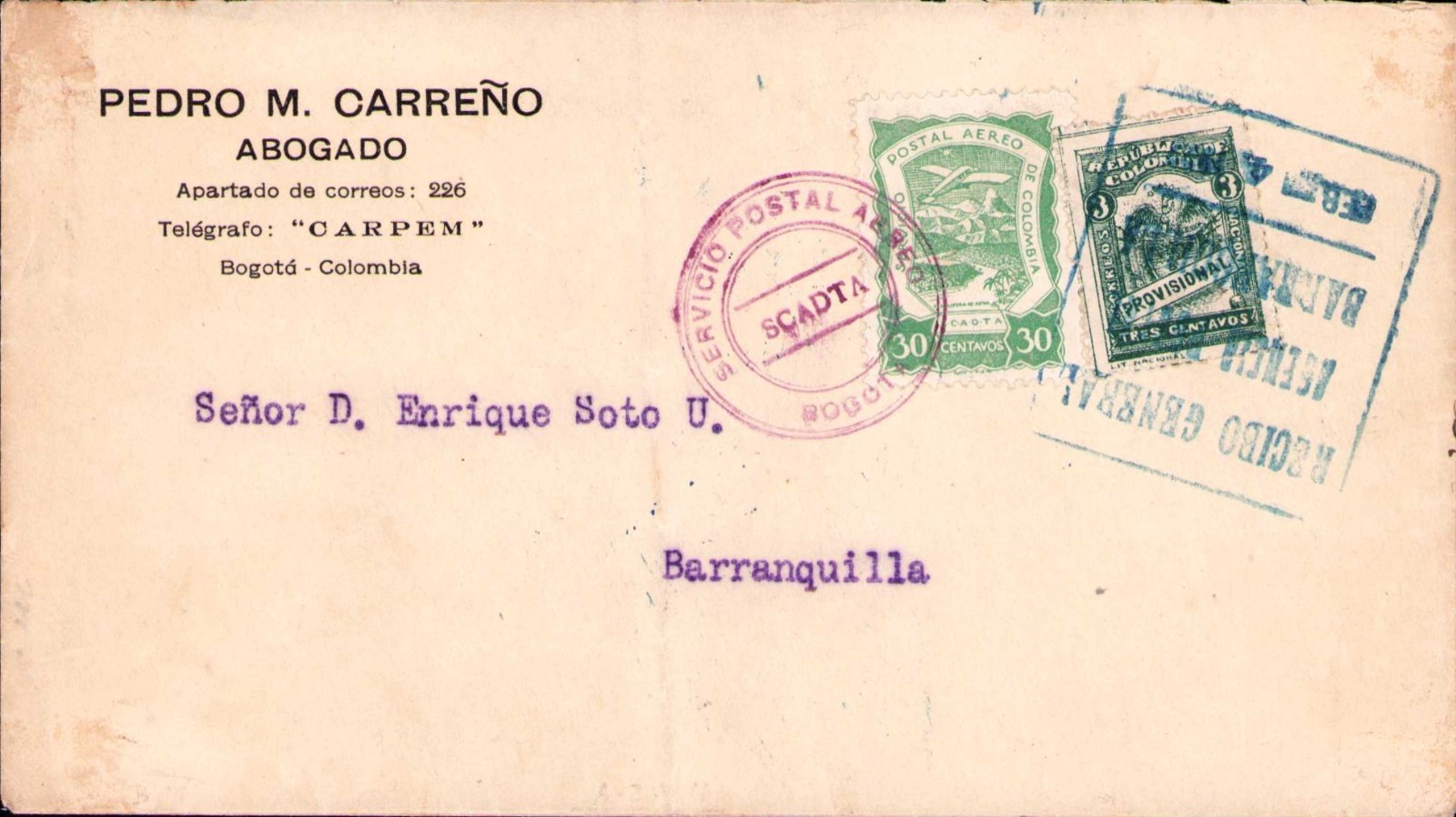 COLOMBIA - SCADTA - 30c  COVER - BOGOTA to BARRANQUILLA - 1922