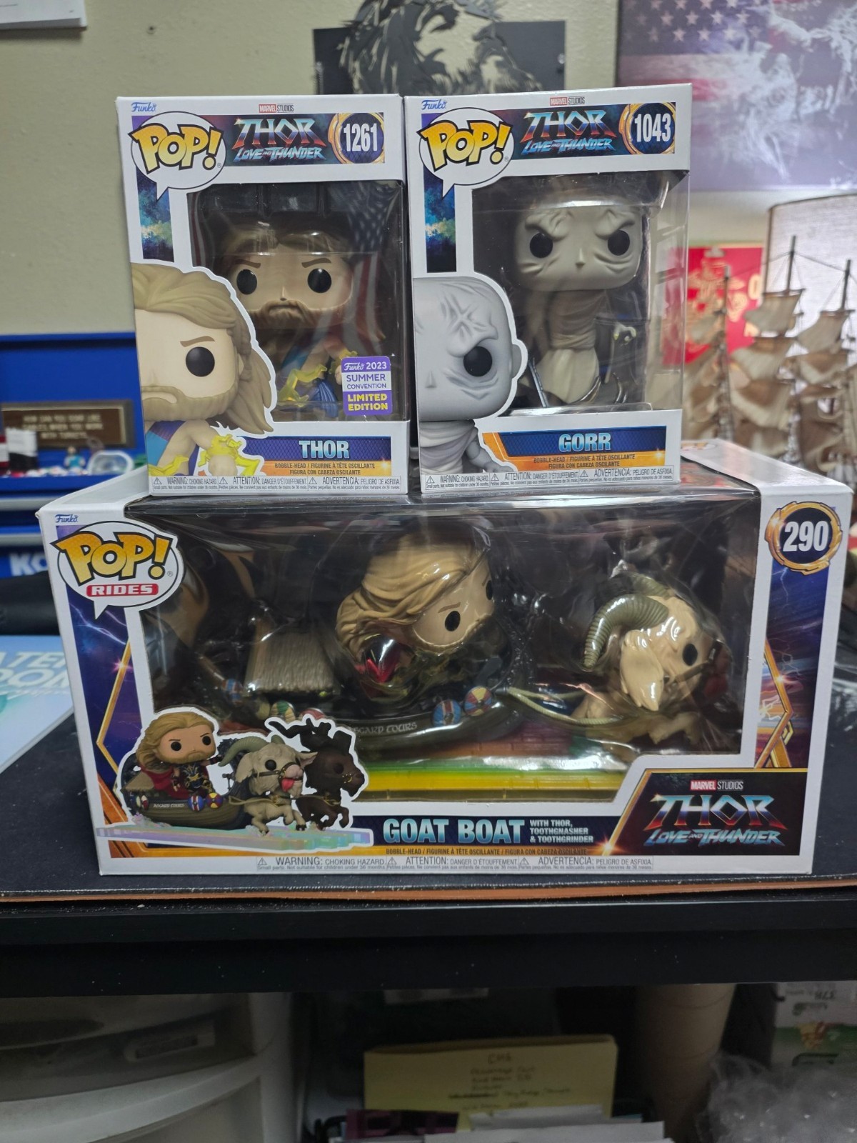 Funko Pop! Thor Love & Thunder Lot of 3 - Goat Boat #290, Gorr #1043, Thor #1261