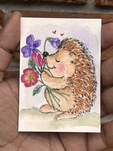 Original ACEO painting February birth month flowers, Hedgehog - by Ang