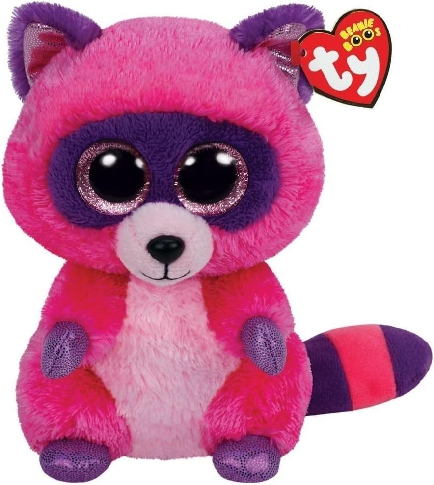 TY Beanie Boo Roxie Bright Pink Raccoon Medium 37043 9"" TALL ****NEW