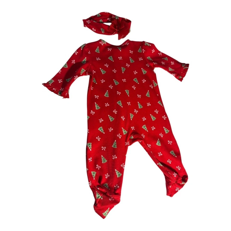 Little Me Baby Girls Red Christmas Tree Footed Pajamas With Headband 3M - Image 2 of 3