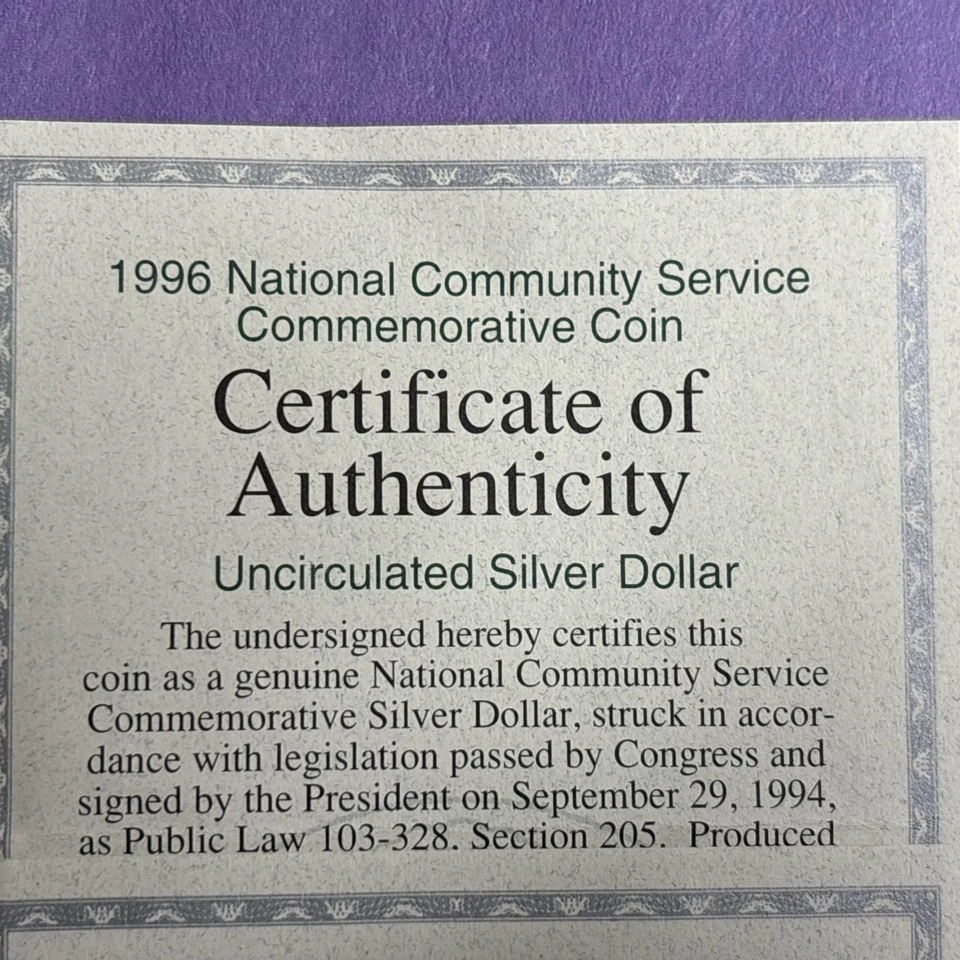 1996-S National Community Service Commemorative Coin .90 Silver Dollar COA OGP - Image 4 of 4