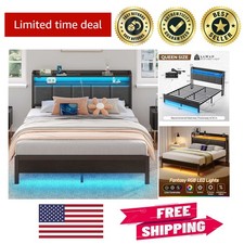 Durable Queen Bed Frame with RGB LED, Easy Assembly  Headboard Charging Station