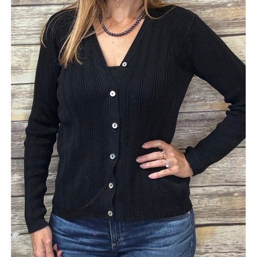 Liz Claiborne, Vintage Liz Claiborne Black 100% Silk Ribbed V-Neck Button Front Cardigan L Knit