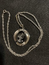 Vintage Reverse Black Cameo Necklace Silver Tone Chain 24 Inches Filagree