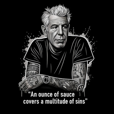 Anthony Bourdain T-Shirt - Sauce Covers Sins Quote Tee - Culinary Kitchen Chef