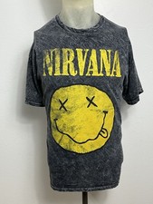 Nirvana Smiley Face T-Shirt Mens XL Gray Acid Wash Graphic Grunge Rock Crew Neck