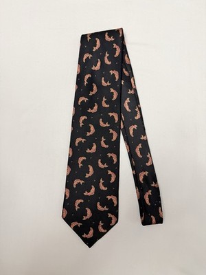 Vintage Magenta 100% Silk Neck Tie Black Koi Fish Made In Canada Hand Made