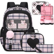 Bevalsa Kids Backpack for Girls with Bento Lunch Box Set, Plaid Purple Bookba...