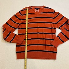 2009 Tommy Hilfiger Mens Orange Navy Stripe V Neck Sweater Size S Preppy Y2K