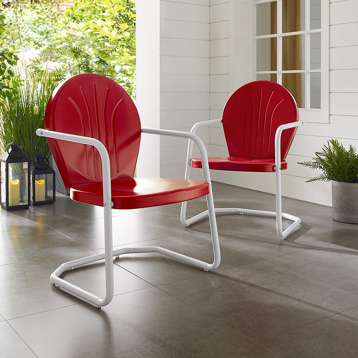 Vintage Red Metal Outdoor Chair Durable Steel Retro Patio