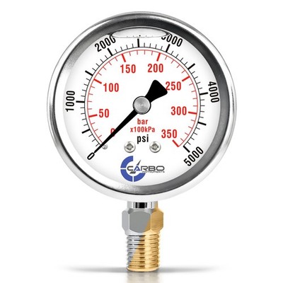 5000 PSI Glycerin Liquid Filled Pressure Gauge, 2.5'' Dial, 1/4 NPT Lower Mount,