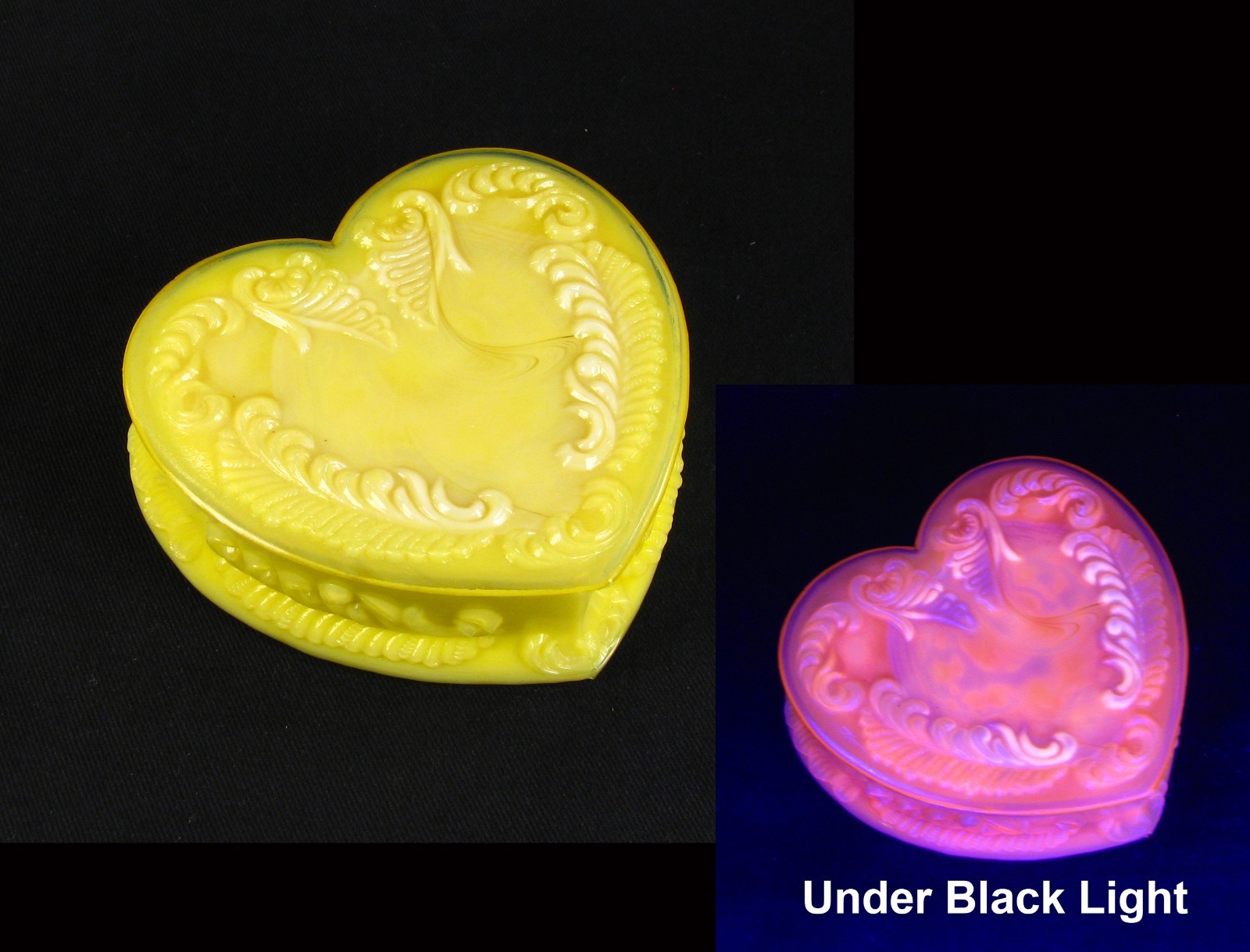 Degenhart Glass Custard Heart Jewel Covered Box - 1960's - UV Glow