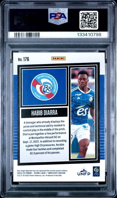Habib Diarra 2022-23 Panini Score Ligue 1 Rookie RC Purple Laser 15 PSA 9 view 2