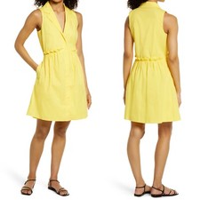 NEW ELIZA J Bright SUNSHINE Yellow COTTON Paperbag Waist LAPEL Shirt DRESS 4