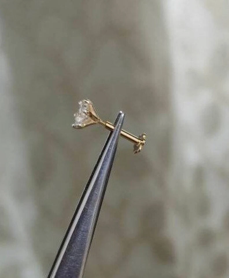 14K Yellow Gold 3MM Round Natural Diamond Piercing Screw Back Women's Nose Pin - Image 2 of 4