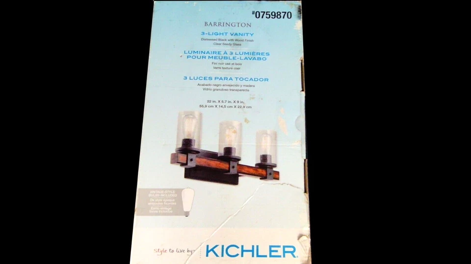 Tocador de 3 luces The Kichler negro envejecido con acabado de madera, incluye 3 bombillas. Foto 2 de 4