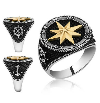 Bague Chevalière Homme Argent massif 925 Points Cardinaux Marin Barre Ancre 