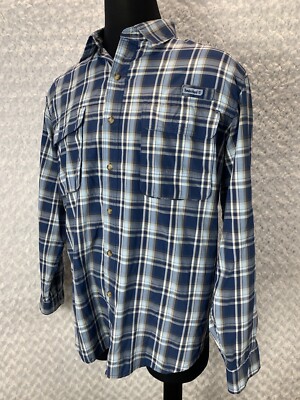 Timberland Button Up Mens XL Blue Plaid Turbo-Dry Pockets Vented Fishing Shirt