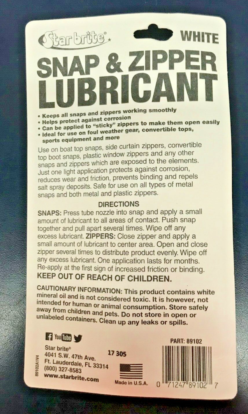 Zipper Lubricant Snap Lube Star brite PTEF 1.75 oz Sticky Zippers Metal Plastic eBay