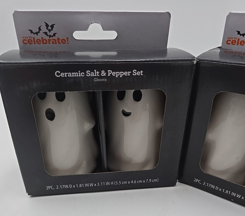 Celebrate Halloween Ceramic White Ghosts Salt & Pepper Shaker Set 4 Total - Picture 3 of 8