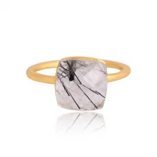 Gold Plated Promise Ring For Her Black Rutile Women's & Girl Simple Gift Jewelry