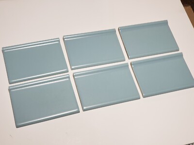 Vtg 6 AO Ceramic Tiles - Light Blue Matte Cove Edge 6'' x 4 1/8'' Wide Rectangle