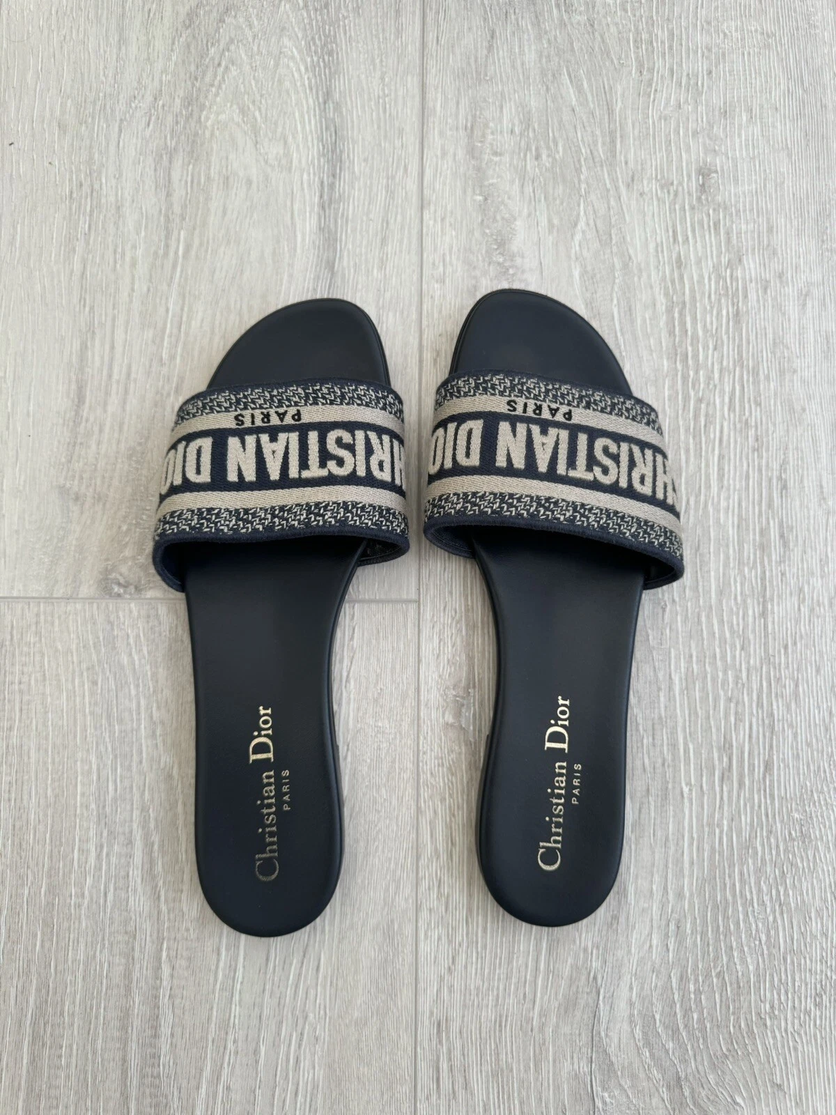 SANDALES CHRISTIAN DIOR BLEU PROFOND DWAY SLIDE COTON BRODÉ EU38 UK 5