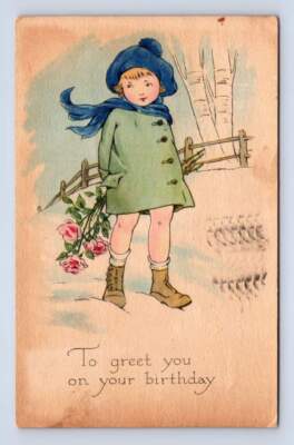 Gender-Ambiguous Kid w Flowers ~ Cute Antique Birthday Postcard Milford NH 1922