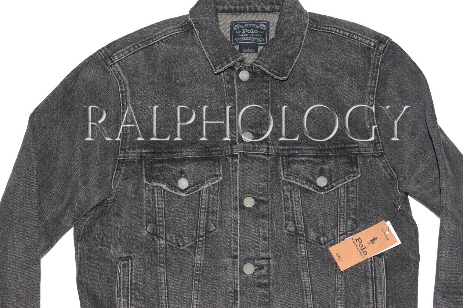 Polo Ralph Lauren Mens Black Embroidered Crest Denim Jean Vtg Trucker Jacket