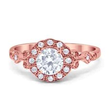 Halo Fancy Ring Round Rose Tone, Simulated CZ 925 Sterling Silver
