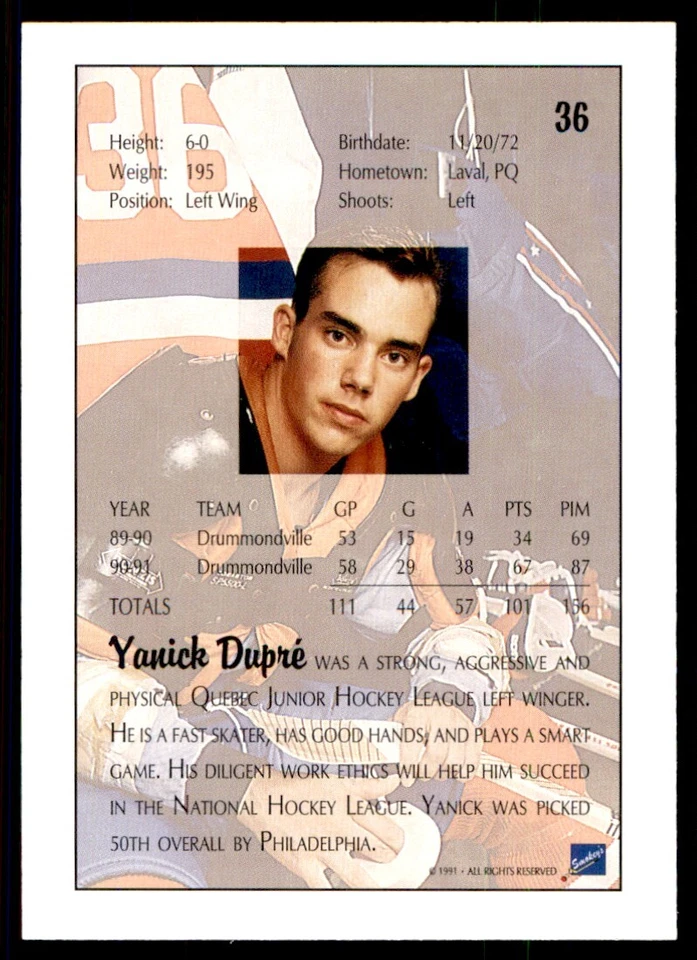 1991-92 Ultimate Draft Yanick Dupre Philadelphia Flyers #36 - Image 2 of 2