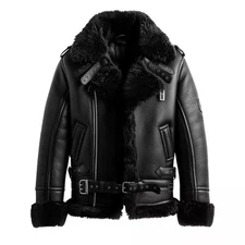Women's Winter Pilot Aviator Jacket - Real Black Leather Shearling Style Coat