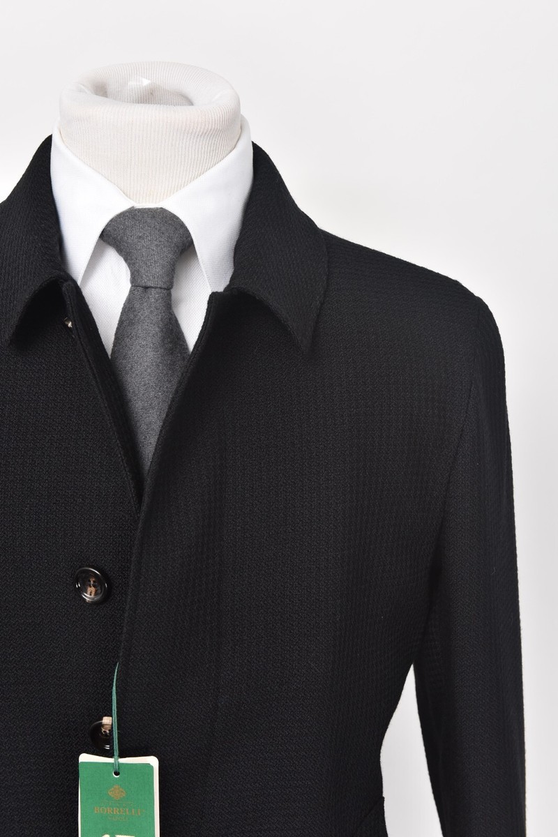 New Luigi Borrelli 5717 Solid Black Wool Top Coat Overcoat